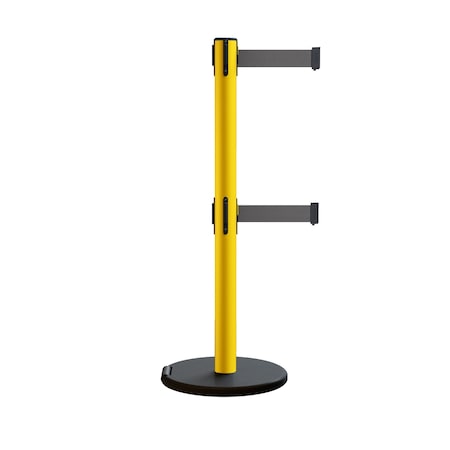 Montour Line Retractable Belt Dbl Rolling Stanchion 2.5ft Yellow Post  11ft. Dk Gry P400DRL-YW-DGY-110